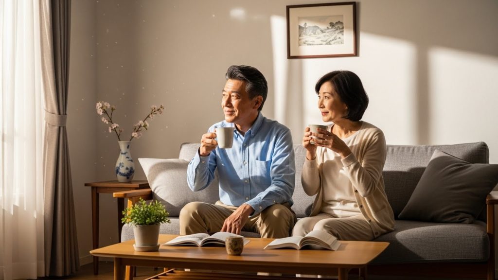 朝日の当たるリビングでコーヒーを飲む５０代の日本人夫婦の写真